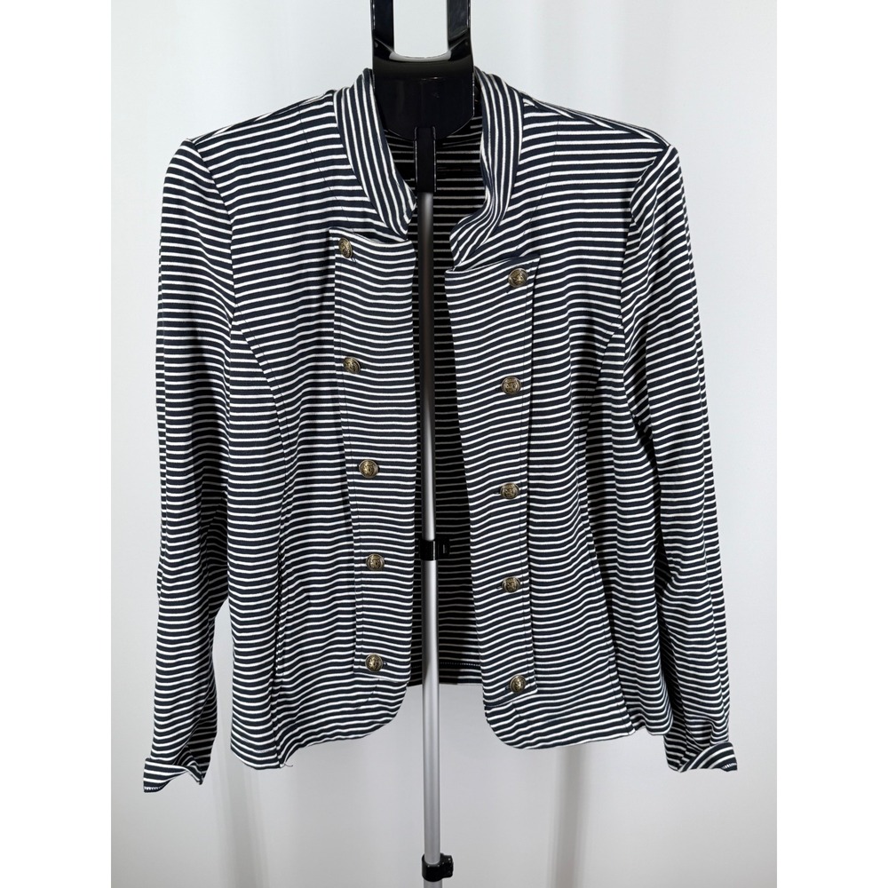Tommy Hilfiger Womens XL Navy White Striped Military Knit Blazer Gold Buttons